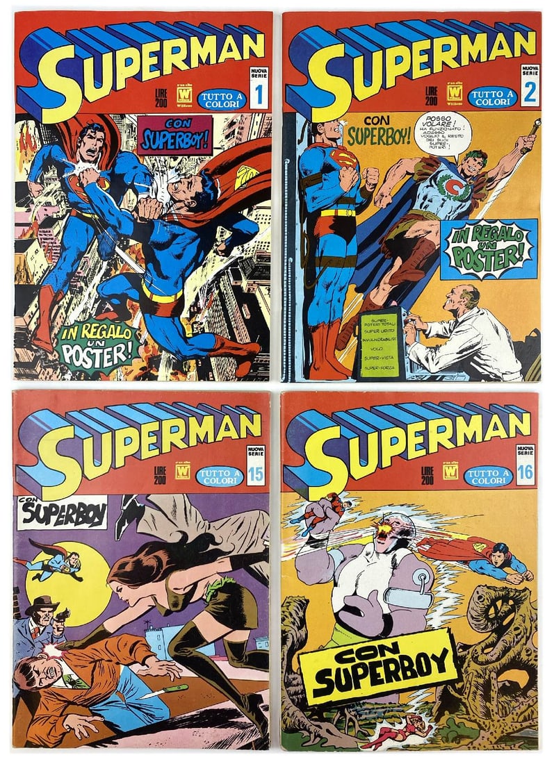 Superman Williams Seconda Serie Completa: Edizioni Williams, 1972. Spillati, cm 25x17,5. Completa da 1 a 16. Disegni di Swan, Anderson, De Zuniga. Pubblica in appendice “La Rosa e la Spina” e “Superboy”. Nn. 1 e 2 completi di 