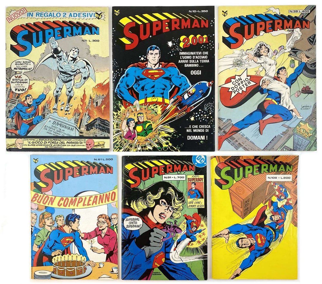 Superman Cenisio Completa: Edizioni Cenisio, 1976-1984. Formato variabile, spillati, cm 26x18 sino al n. 60, quindi 22,5x15. Numeri speciali (79, 84, 87, 90, 96, 100, 101, 102) in brossura, formato variabile cm 27x19 a 28x22. P