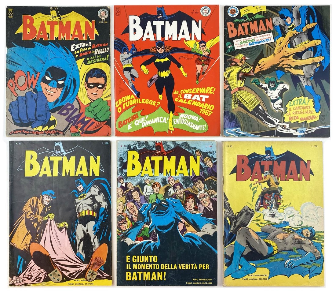 Batman Mondadori Completa: Mondadori, 1966-1967. Serie completa da 1 a 82. Spillati, cm 24x18,5. Disegni di Kane, Adams, Infantino, Greene, Sprang. Alcune copertine di Bagnoli e Montecchi. Esordiscono Batman e Dead-Man di Neal 