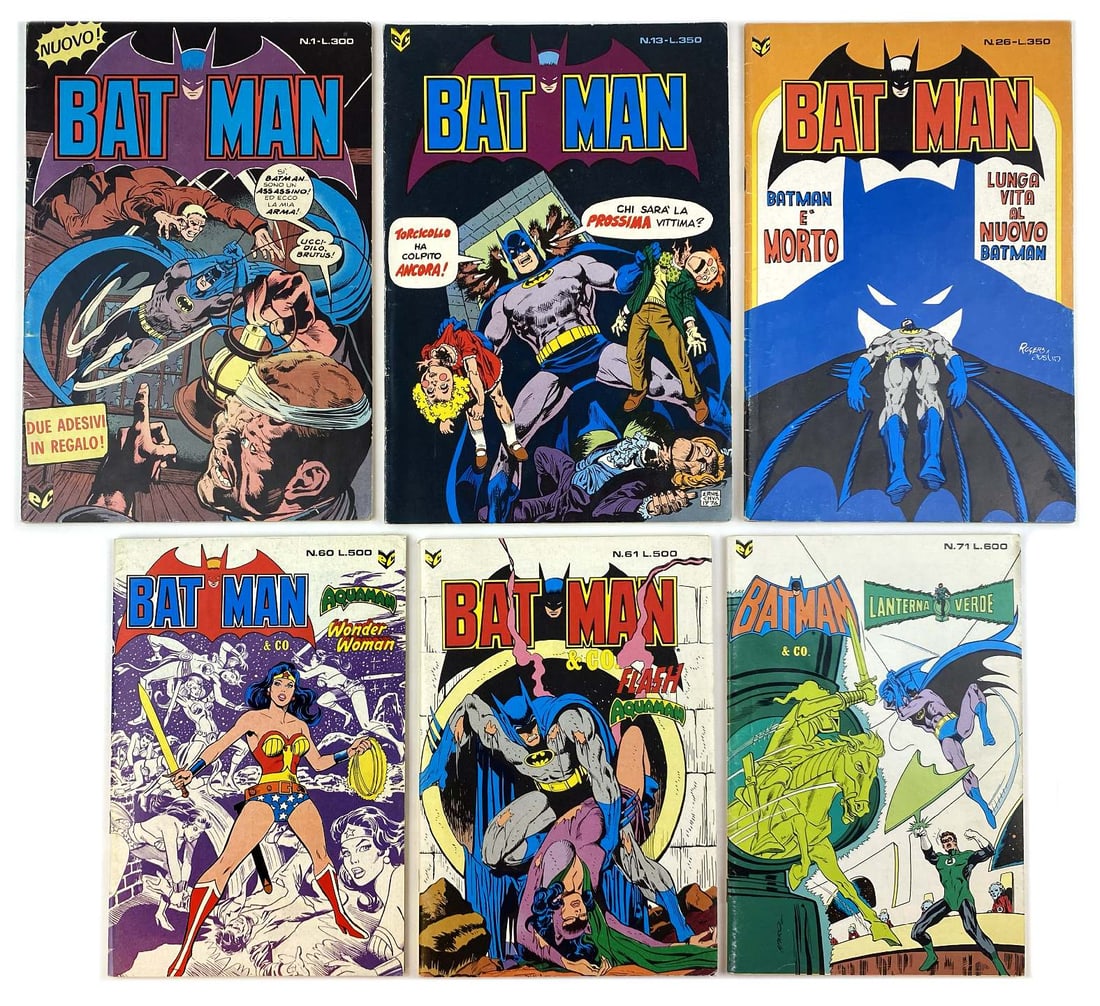 Batman Cenisio Completa: Editrice Cenisio, serie completa da 1 a 71, 1976-1981. Spillati, formato variabile, da cm 26x18 sino al n. 58, quindi 22x15. Pubblica, oltre a Batman, Superman, Aquaman, Batgirl, Freccia e Lanterna Ve