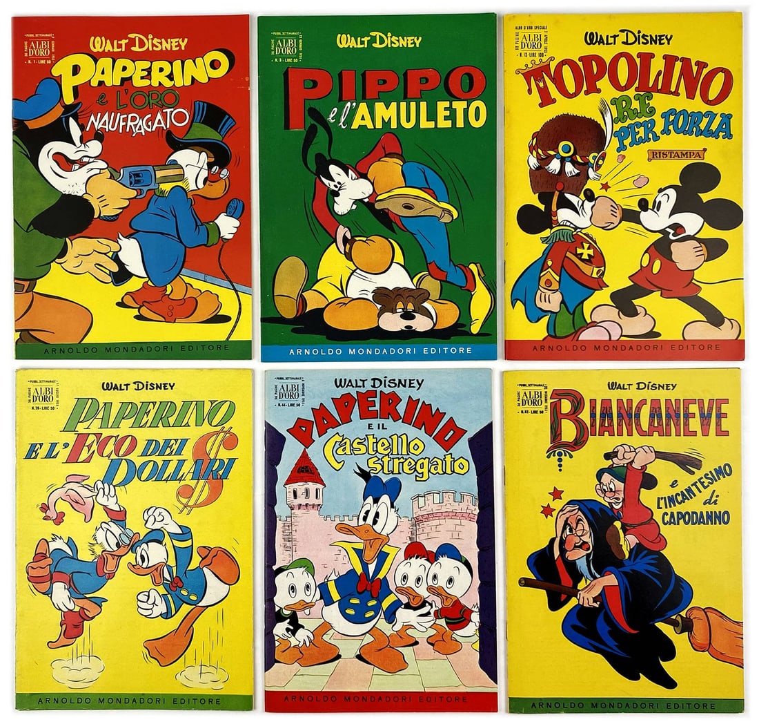 Albi d'Oro Serie Comica 1955: Serie semi-completa degli albi editi nel 1955. Spillati, cm 24,3x17, quindi cm 24,3x16. Nn. da 1 a 53, ad eccezione dei nn. 31, 38. Comprende gli albi d'oro speciali n. 13 “Topolino Re per Forza&rdq