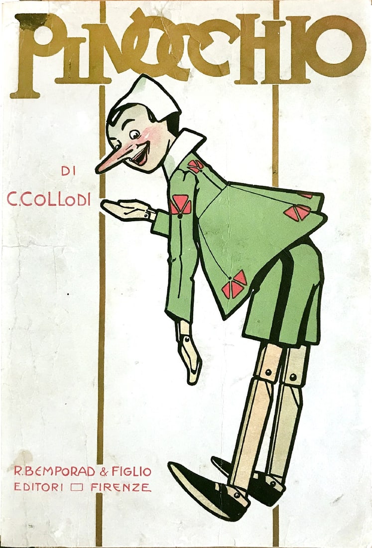 Le Avventure di Pinocchio Bemporad 1911: COLLODI; ATTILIO MUSSINO - Le Avventure di Pinocchio. Bemporad & F., Firenze, 1911. Prima edizione. Legatura d'amatore pelle con piatti marmorizzati, dorso 5 nervi con titoli e fregi in oro; cm 31x21,