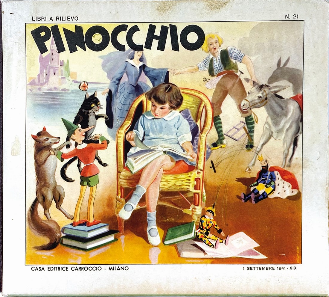 GIAROLE - Pinocchio libri a rilievo: GIAROLE - Pinocchio collana libri a rilievo. Ed. Carroccio, Settembre 1941. Cartonato; cm 21x24,5. Libro teatro con quattro tavole pop-up. Pressoche' nuovo.