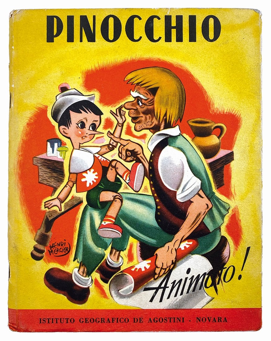 HENRY MERCIER - Pinocchio Animato!: De Agostini, Novara, 1951. Cartonato, cm 22x17, pp. 16 figurate a due colori e due tavole animate con linguella in seconda e terza di copertina. Ottimo stato.
