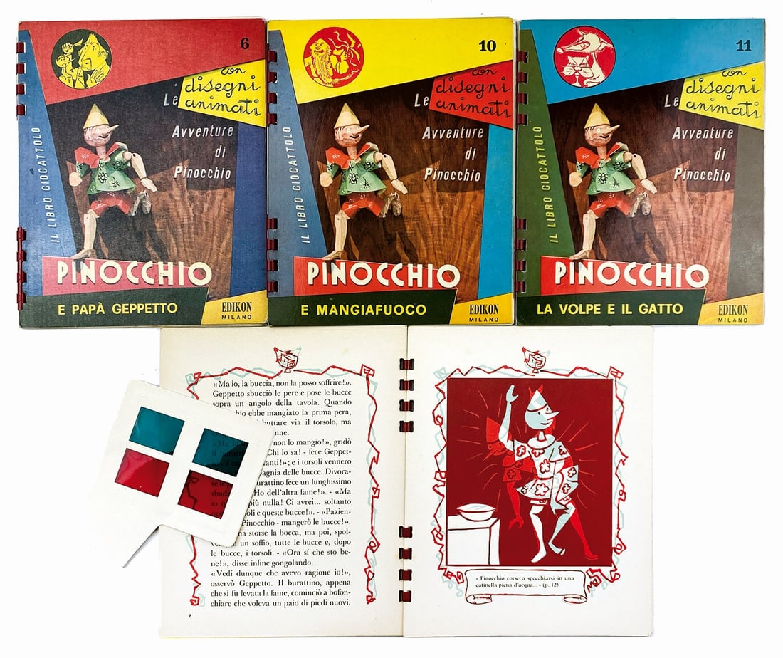 Pinocchio Collana Disegni Animati: Lotto di quattro libri n 3D ed. Edikon Milano, 1963, tre completi di occhialini originali. N. 6 Pinocchio e Papa' Geppetto; n. 9 P. e l'Abbecedario, n. 10 P. e Mangiafuoco, n. 11 P. la Volte e il Gatt