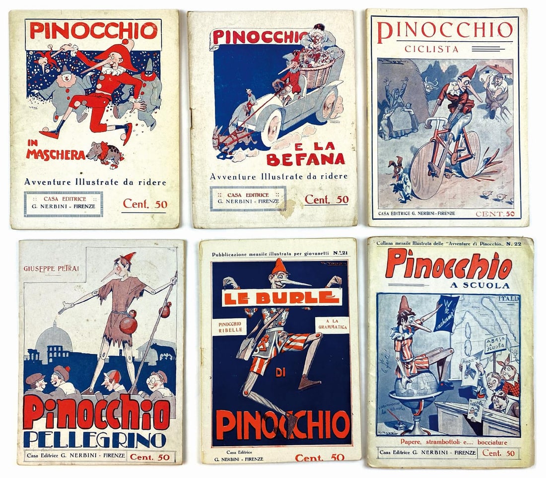 TOPPI - Collana Illustrata di Pinocchio: GIOVE TOPPI - Collana Illustrata delle Avventure di Pinocchio. Nerbini, 1927-1928. Lotto composto da 22 fascicoli spillati, cm 20,5x14,5. Copertine ed illustrazioni di Giove Toppi. Testi di Bettino d'