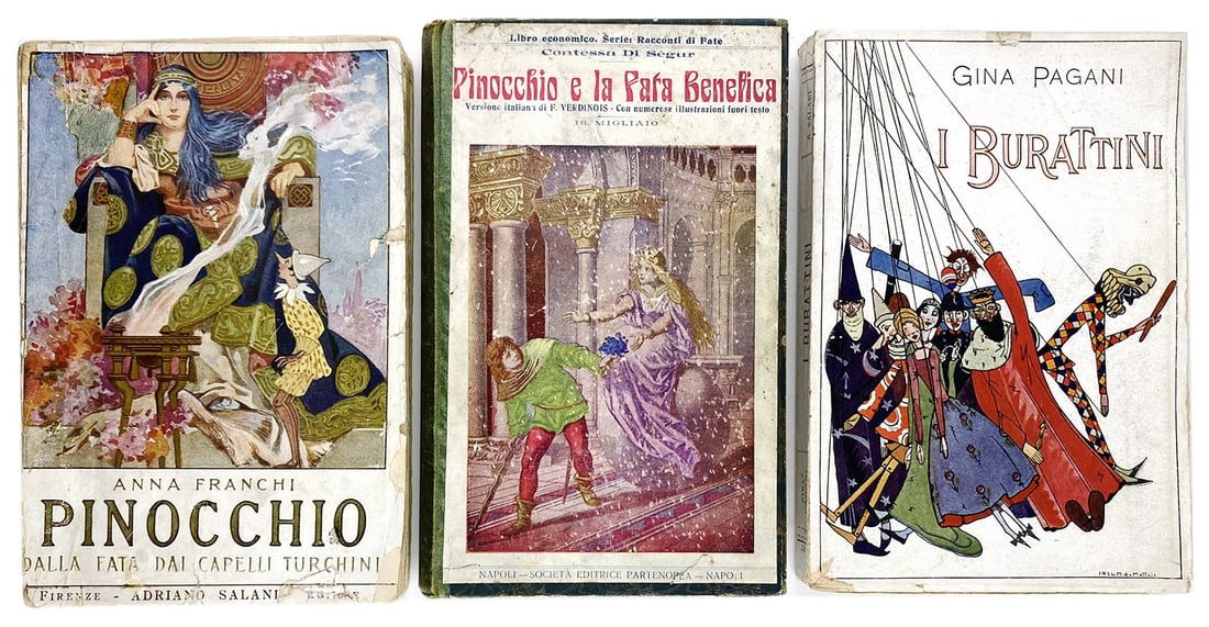Pinocchio e le Fate: Lotto composto da quattro volumi; cm 19x13,5: Pinocchio e la Fata Benefica, Societa' editrice Partenopea, 1913. Tradotto dal francese, legatura coeva con copertina applicata. In appendice. Pinocchiett