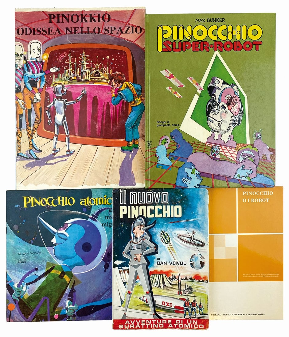 Pinocchio e i Robot: Lotto composto da 5 volumi, formato variabile da cm 24x18 a cm 32x24. Il Nuovo Pinocchio di Dan Voivod, ed. Transilvania Milano, aprile 1957. Seconda edizione con ill. di R. Borsoni. Firmata dall'auto