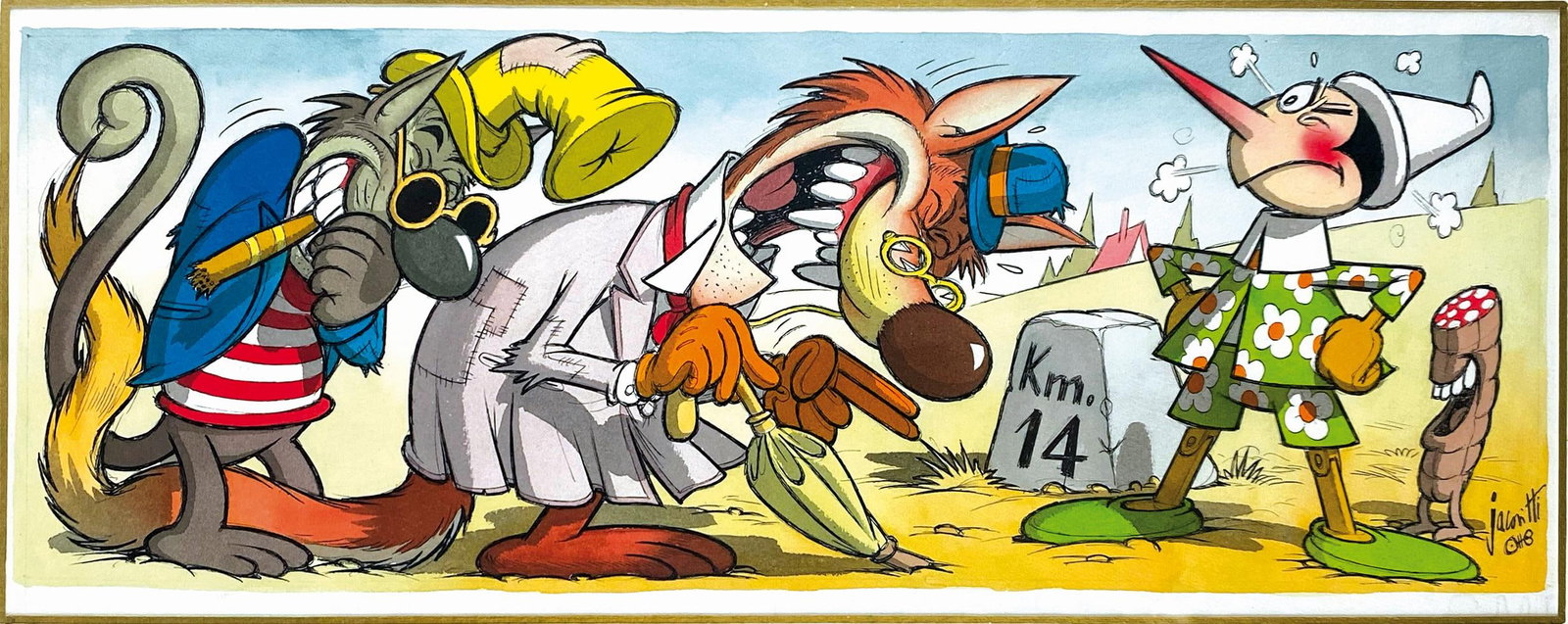 BENITO JACOVITTI - Pinocchio: Illustrazione d'apertura del quarto capitolo, pubblicata a pag. 55 del volume Edizioni Ave: “C'e' poco da ridere, - grido' Pinocchio impermalito. - Mi dispiace davvero di farvi venire l'acquolina in