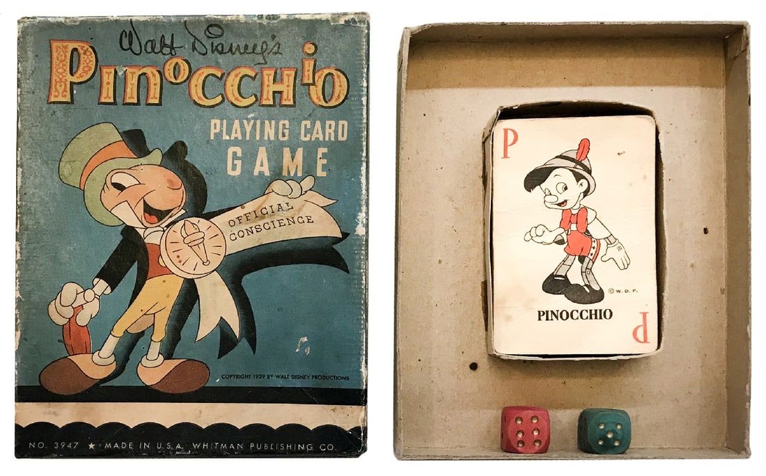 Le Carte da Gioco di Pinocchio: Coppia di giochi di carte in confezione: Playing Card Game, Whitman 1939. Confezione figurata cm 16,5x12,5. Contiene set con 30 carte illustrate e due dadi. Pinocchio Card Game Russell Manufacturing c