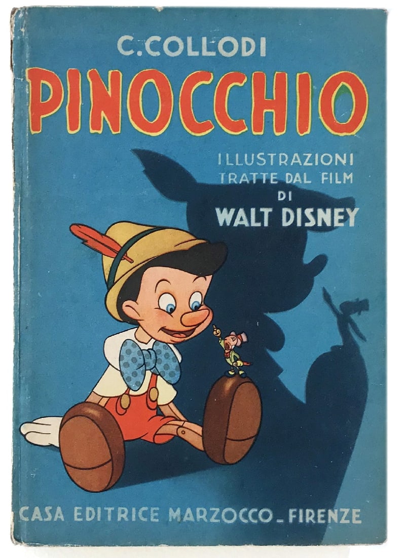 Pinocchio Illustrazioni Tratte dal Film: Marzocco Firenze, marzo 1941. Prima edizione. Cartonato, cm 21x14,5, pp. 186 - IV, con catalogo editoriale. Illustrazioni bianco e nero n.t. e a colori f.t. di Giacinto Galbiati, edizione promozionale