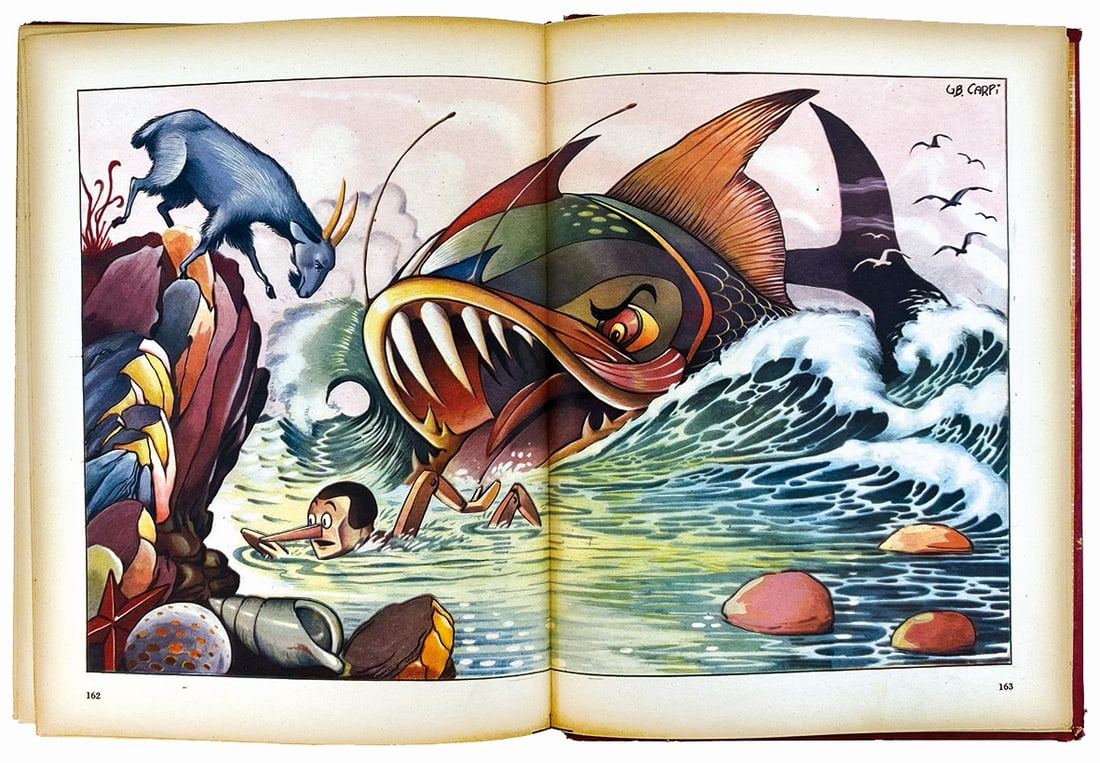 G.B. CARPI - Le Avventure di Pinocchio: GIOVANNI BATTISTA CARPI - Le Avventure di Pinocchio. Ed. Salvadeo, n.d. ma primi anni '50. Cartonato, cm 32x23 circa. Pp. 188 con 96 illustrazioni di cui 30 a piena pagina a colori. Difetti al dorso p
