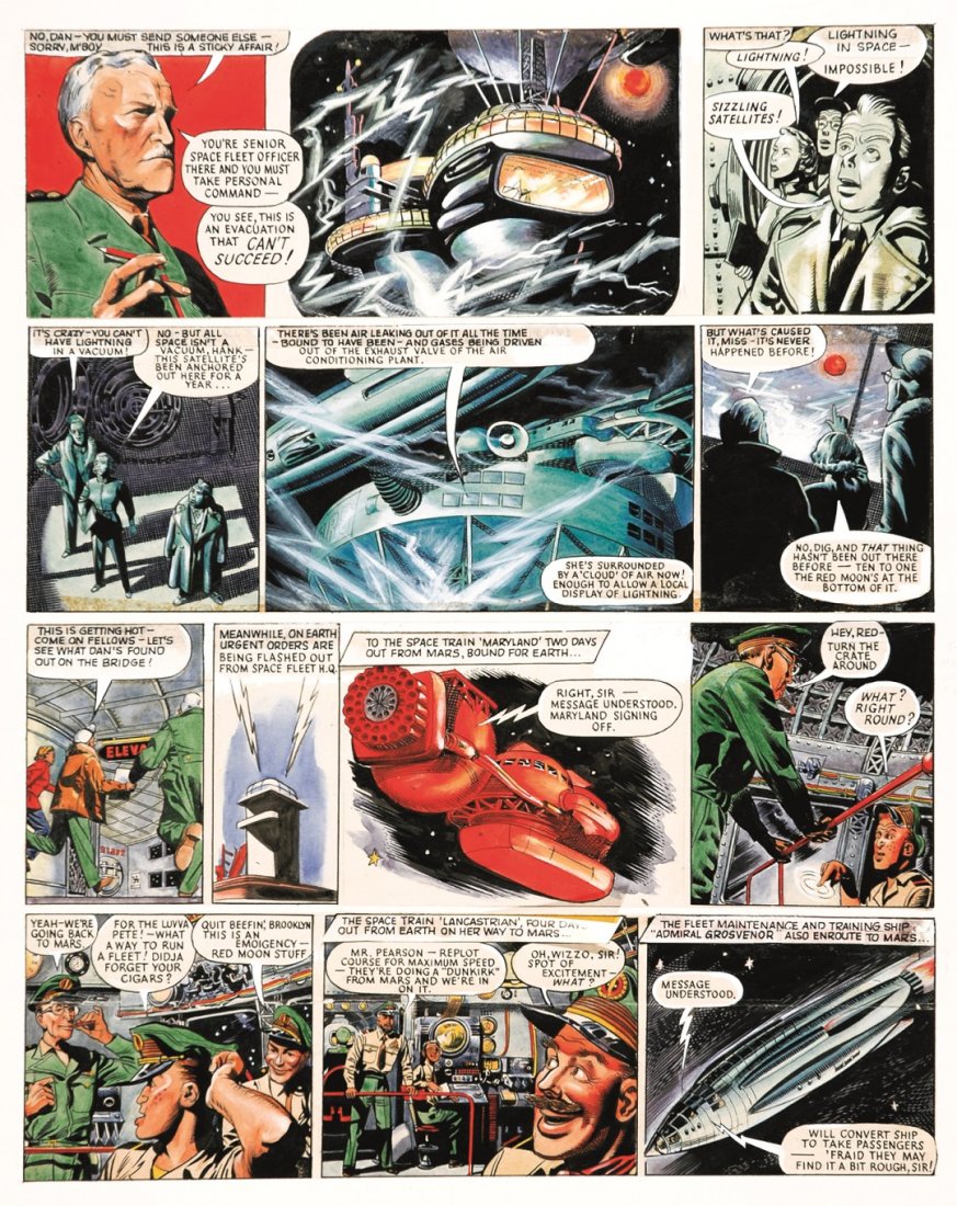 FRANK HAMPSON Dan Dare - The Red Moon Mistery: ENG Pencil, ink, watercolour and white tempera on remounted cardboard for Dan Dare annual 1974. The story has been first published in 1951 on Eagle #26. IT FRANK HAMPSON Dan Dare - The Red Moon Mister