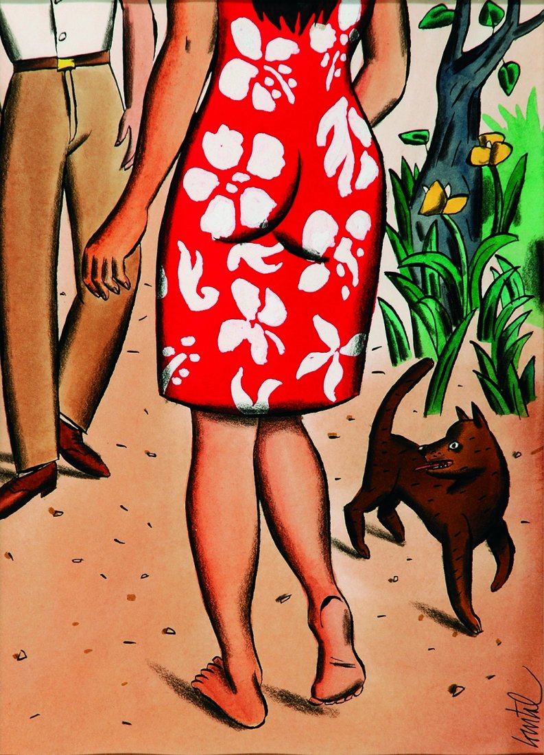 JACQUES DE LOUSTAL Turista da banane: ENG Tempera and ink on drawing paper. Signed, framed. This illustrated version of Simenon's novel has been published in 1998 by Vertige Graphic and Nuages. IT JACQUES DE LOUSTAL Turista da banane Illu