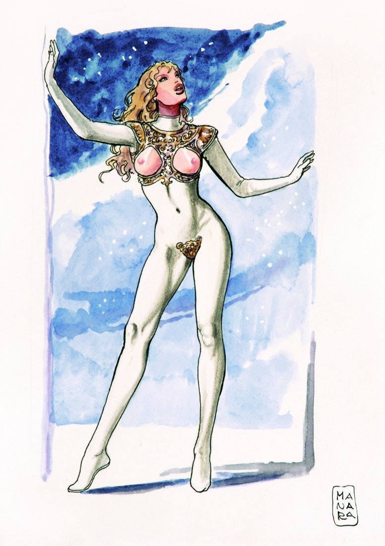MILO MANARA Barbarella: ENG Study for the remake of the Barbarella movie. Pencil, ink and watercolour on paper. Scroll-signed. IT MILO MANARA Barbarella Studio per il remake del film Barbarella. Matita, china e acquerello su
