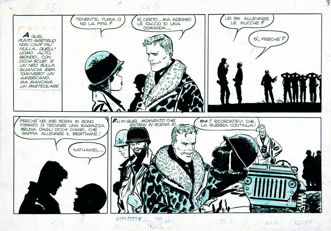 HUGO PRATT Ernie Pikie Destinos cruzados: ENG Pencil, ink and blue pencil on cardboard. Published on Hora Cero #9, page 11. IT HUGO PRATT Ernie Pikie Destinos cruzados Matita, china e matita blu su cartoncino cm 40,5x29. Pubblicata a pagina