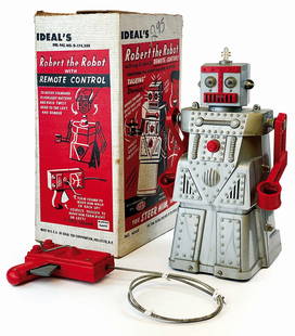 ROBERT ROBOT ORIGINAL BOX: Ideal's Toy Corporation, U.S.A., anni '50. In plastica dura, altezza cm 36; a batteria, filoguidato. Ot­timo, scatola in discreto stato. ENG Ideal's Toy Corpooration, U.S.A., 1950s. Battery