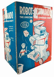 ROBOT COMMANDO ORIGINAL BOX: Ideal, U.S.A., 1961. In plastica su design dello studio Marvin Glass ripreso dal "Diamond Planet Robot" giapponese; promosso come "Il solo robot che risponde a comandi" e anche come "un'ar­mata di