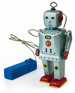 FLASHY JIM R-7 FILOGUIDATO: S.N.K., Giappone, anni '50. In metallo, cm 20 circa; a batteria, filoguidato. Funzio­nante. Ottimo stato. ENG S.N.K., Japan, 1950s. Tin plate robot, height cm 20 approx. Battery operated, remote