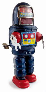 ROBBY ROBOT: Yonezawa, Giappone, anni '50. In latta litogra­fata, cm 20; a molla. Funzionante: cammina, emette debolmente scintilla nella bocca. Di­screto stato, qualche ossidatura e ritocco di colore. (cfr