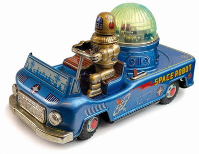 SPACE ROBOT CAR: Yonezawa, Giappone, 1955. Forse il primo veicolo spaziale in latta litografata, cm 24x12x14; a batteria. Funzionante: cupola che si illumina con luci rotanti, torretta rotante con armi che sparano,