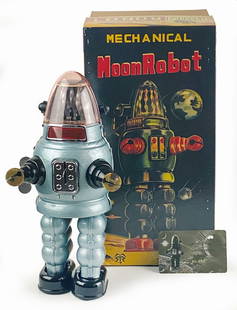 MOON ROBOT 088/100 GRIGIO METALLIZZATO: MECHANICAL MOON ROBOT 088/100 GRIGIO METALLIZZATO. Moon Robot in latta; riproduzione del modello della Yonezawa del 1950, riprodotto da Mr. Robot nel 2016 in edizione limitata di 100 pezzi. Esemplare