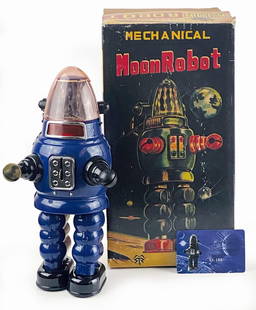 MECHANICAL MOON ROBOT 192/400 BLU: Moon Robot in latta; riproduzione del modello della Yonezawa del 1950, riprodotto da Mr. Robot nel 2016 in edizione limitata di 400 pezzi. Esemplare n. 192/400; cm 24x15 circa. Completo di scatola,