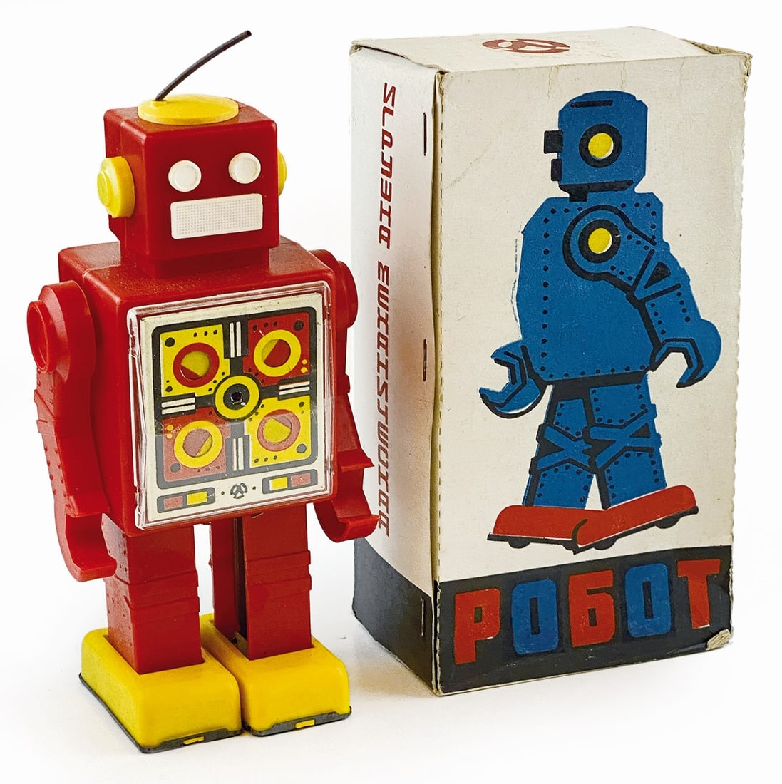 POGOT ROBOT RUSSIAN ORIGINAL BOX: Russia, anni '70. In plastica, cm 21,5; a molla. Funzionante: cam­mina. Chiavetta non originale. Ot­timo stato, scatola originale in buone condizioni, completo di istruzioni. ENG Russia, 1970s. In p