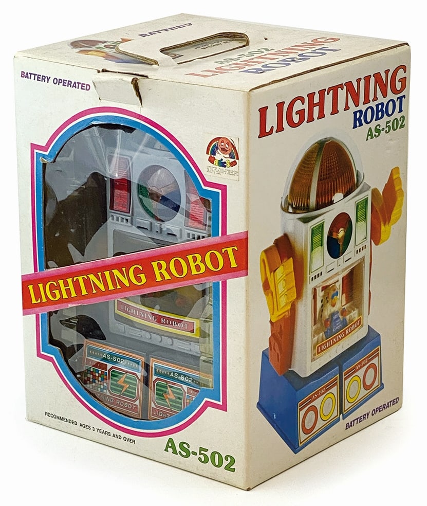 LIGHTNING ROBOT AS-502 ORIGINAL BOX: Taiwan, anni '80. In plastica, cm 20; a batteria. Funzio­nante. Nuovo, scatola originale in buone condizioni. ENG Taiwan, 1980s. In plastic, cm 20; battery operated. Working. New. Original box in ver
