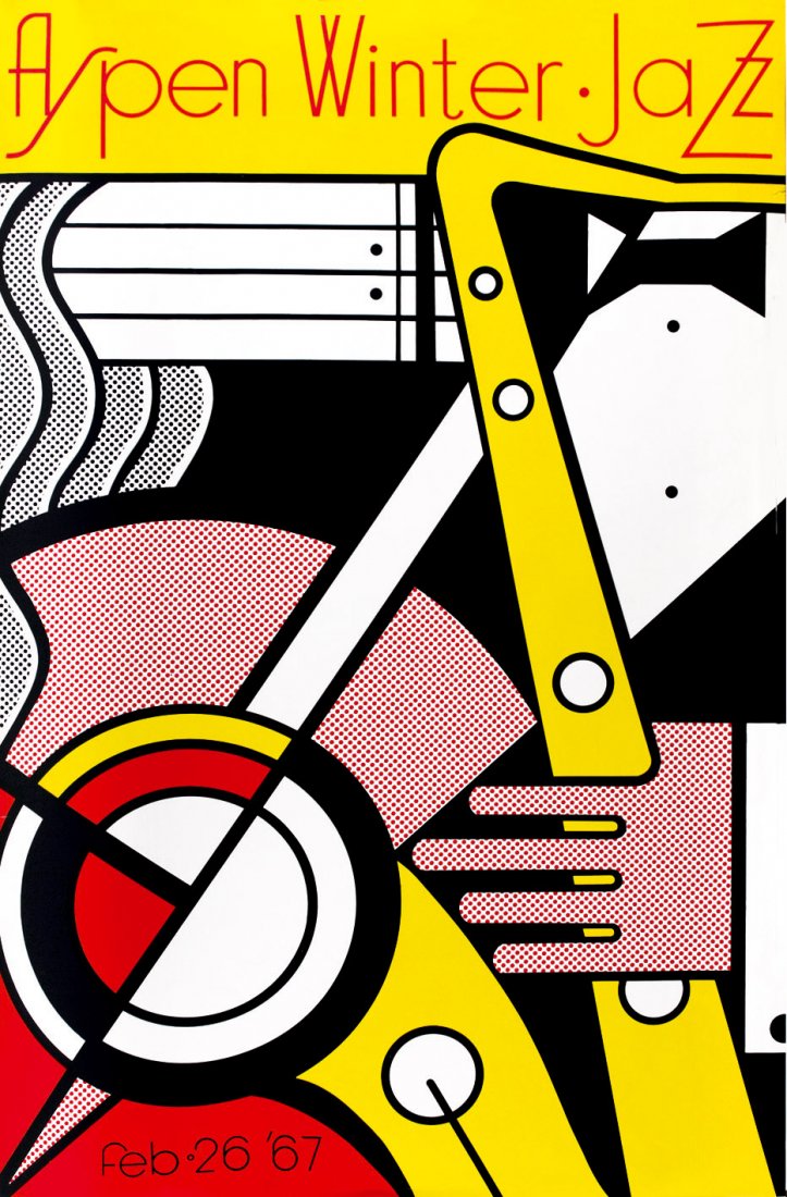 Roy Lichtenstein Aspen Winter Jazz: ENG Original poster on slick heavy paper, for the exhibition held at Leo Castelli Gallery (New York) in 1967. Good condition. IT Roy Lichtenstein Aspen Winter Jazz Poster 1967. Cm 101,6x66. Su carta