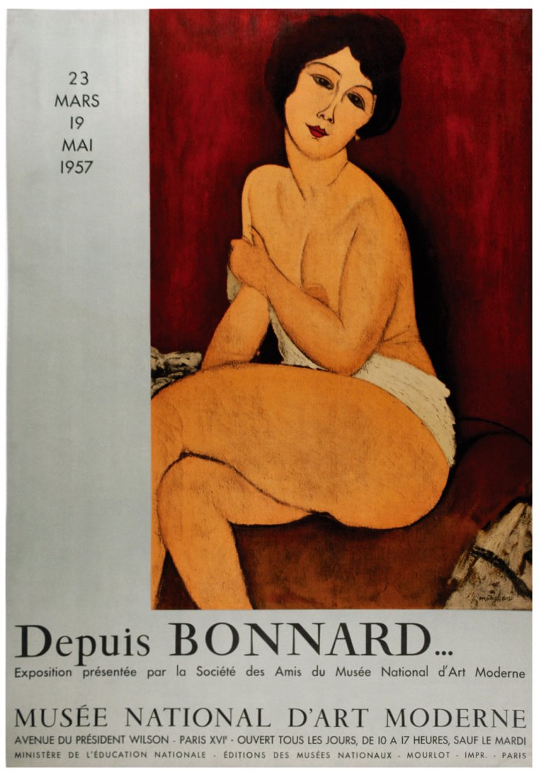 Amedeo Modigliani Depuis Bonnard…: ENG Original lithographic poster for the exhibition held at the Modern Art Museum of Paris. Clothed. Great condition. IT Amedeo Modigliani Depuis Bonnard… Mourlot impr., Parigi, 1957. Cm 51x73. Man