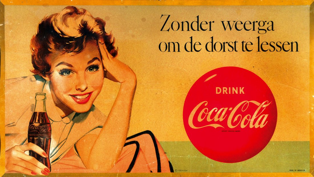 Drink Coca-Cola: ENG Dutch poster from the 50s. Offset on paper. Very good condition. Framed. IT Drink Coca-Cola Affisso olandese anni ’50. Offset su carta cm 90x50. Ottimo stato. In cornice.