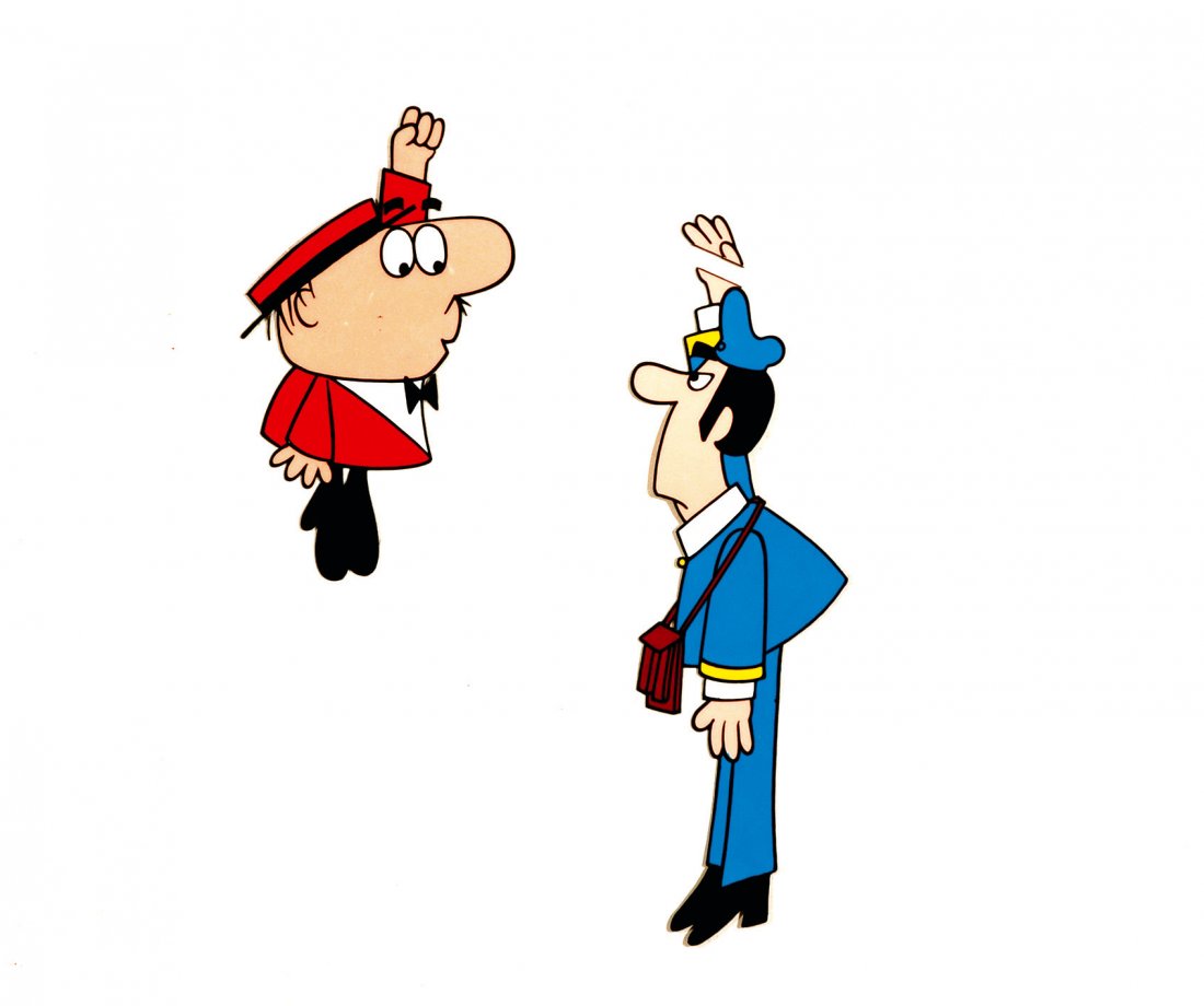 Bruno Bozzetto Il signor Rossi e il controllore: ENG A series of 5 original production cels. Ink and tempera on acetate. IT Bruno Bozzetto Il signor Rossi e il controllore Serie di 5 cels originali china e tempera su acetato cm 40x32, numerate 17, 1