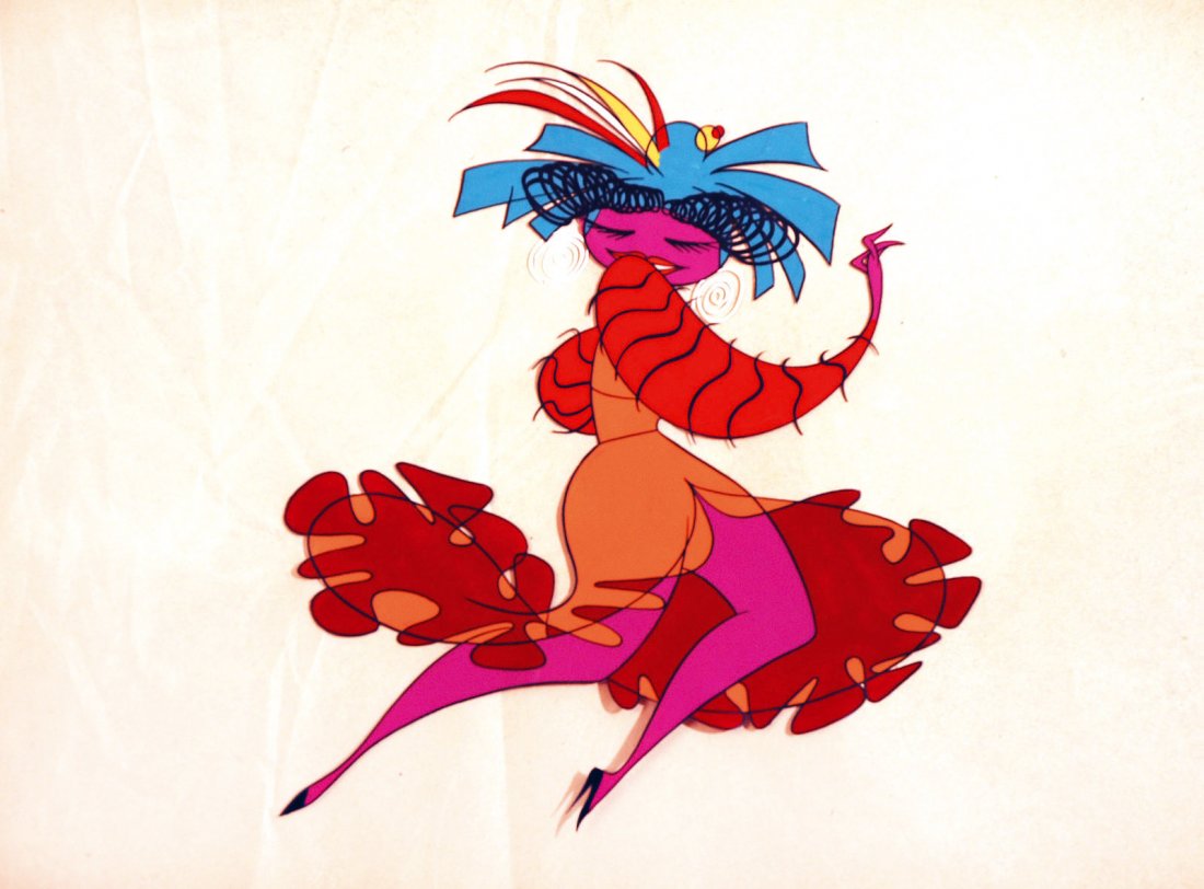 Bruno Bozzetto Ballerina carioca: ENG Advertising production cel. Ink and tempera on acetate. 60s. IT Bruno Bozzetto Ballerina carioca Cel pubblicitaria china e tempera su acetato. Cm 38x30 (disegno cm 19x21). Anni ’60.