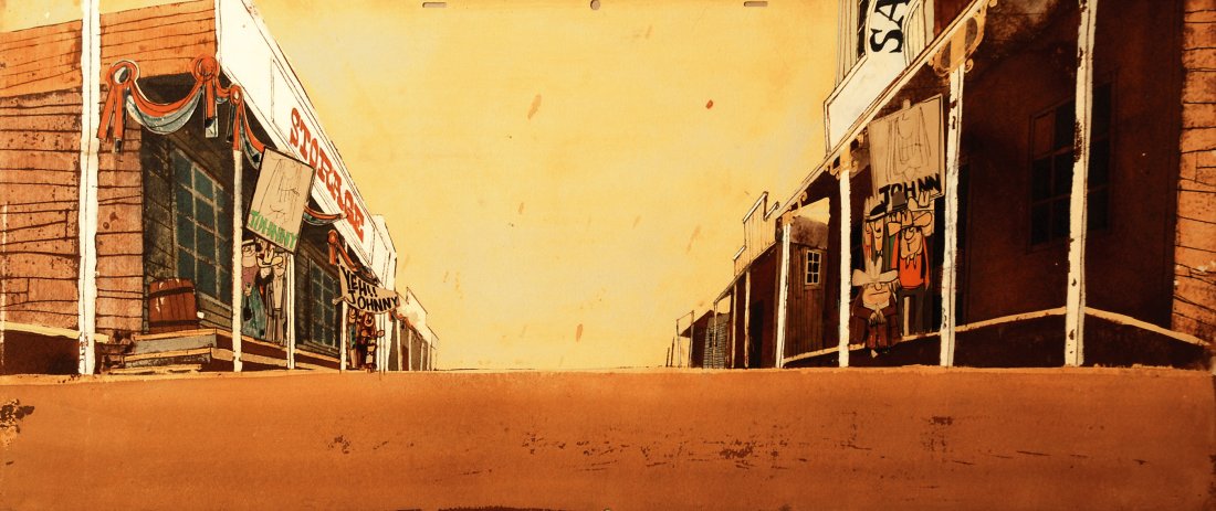 Bruno Bozzetto West and Soda. La Città: ENG Big-size original production set-up. Mixed technique on cardboard. IT Bruno Bozzetto West and Soda. La Città Grande set-up originale di produzione. Tecnica mista su cartone cm 78x30.