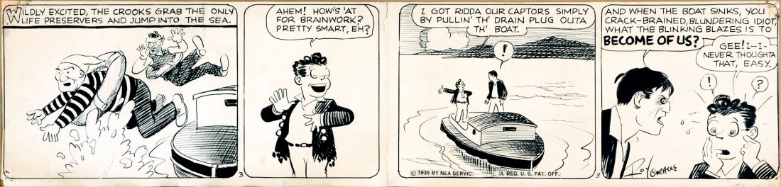 Roy Crane Wash Tubs&Captain Easy: ENG Daily strip published on April 3, 1935. Pencil and ink on cardboard. Signed on the last panel. Slight marginal marks, but good condition. IT Roy Crane Wash Tubs&Captain Easy Striscia giornaliera