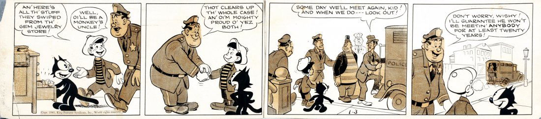 Otto James Messmer Felix the Cat: ENG Daily strip published on January 3, 1940. Pencil, ink and contact screen on cardboard (two linked panels). A corner restored, good condition. IT Otto James Messmer Felix the Cat Striscia giornali