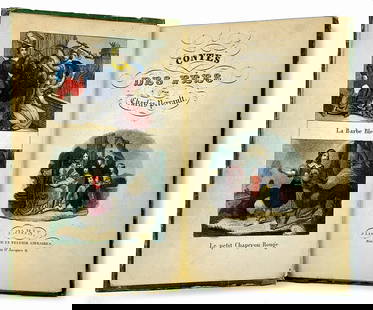 CHARLES PERRAULT - Contes de Fees: Paris, J. Langlume et Peltier, non datato ma 1840 circa. Cm 14x9. Pp. 160 - IV, fron­tespizio e dieci incisioni presentate in coppia f.t., acquerellate a mano. Buon esemplare. Mancanza di un