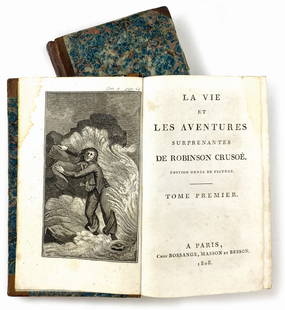 DANIEL DEFOE - Robinson Crusoe: Robinson Crusoe Paris, Chez Bossange, 1808. Opera in due volumi, cm 17,5x10. Volume primo, pp. 398. Volume secondo, pp. 376. Opera illustrata con sei incisioni fuori testo. Ottimo stato. Legatura