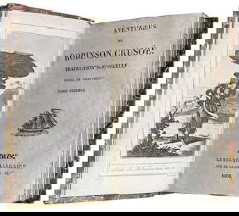 DEFOE - Aventures de Robinson Crusoe: Paris, Lebigre, 1831-1832. Opera in due tomi legati in un volume, cm 14,5x9. Vol. I, pp. 240; Vol. II, pp. 222. Ciascuno con una incisione f.t. all'anti­porta. Ottimo stato. Legatura in cartone