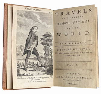 Travels Into Remote Nations of the World: JONATHAN SWIFT - Travels Into Several Remote Nations of the World. By Lemuel Gulliver, London, J. Wenman, 1780. Cm 12,3x7,5 circa. Opera in tre vo­lumi legato in un tomo. Parte prima, pp. 104. Parte