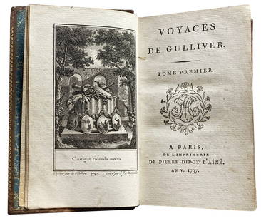 JONATHAN SWIFT - Voyages de Gulliver: Paris, P. Didot, L'Aine', 1797. Opera completa in due volumi e quattro parti. Cm 13x8 circa. Tomo I, in due parti, pp. 300; Tomo II, in due parti, pp. 358. Con 10 incisioni f.t. dise­gnate da Le