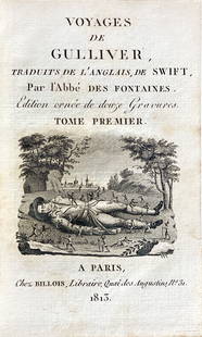 JONATHAN SWIFT - Voyages de Gulliver: Paris, Musier, 1772. Tradotto dall'Abbe' des Fontaines. Opera in 4 parti, in due volumi. Cm 17x10 circa. Vol. I, pp. 276. Vol. II, pp. 314. Con 4 incisioni f.t. all'inizio di ogni parte. Ottimo
