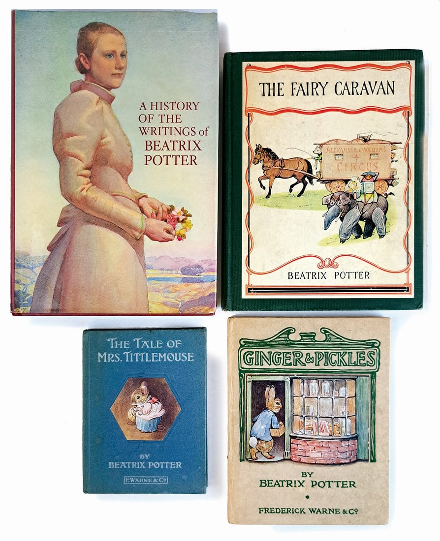 B. POTTER - The Tale of Ginger e Altri: BEATRIX POTTER - The Tale of Ginger and Pickels e Altri. Lotto di tre volumi d'epoca e due bibliografie: The Tale of Ginger and Pickles, 1909. Large size, cm 18x14. The Tale of Mrs. Tittlemouse, 1910.