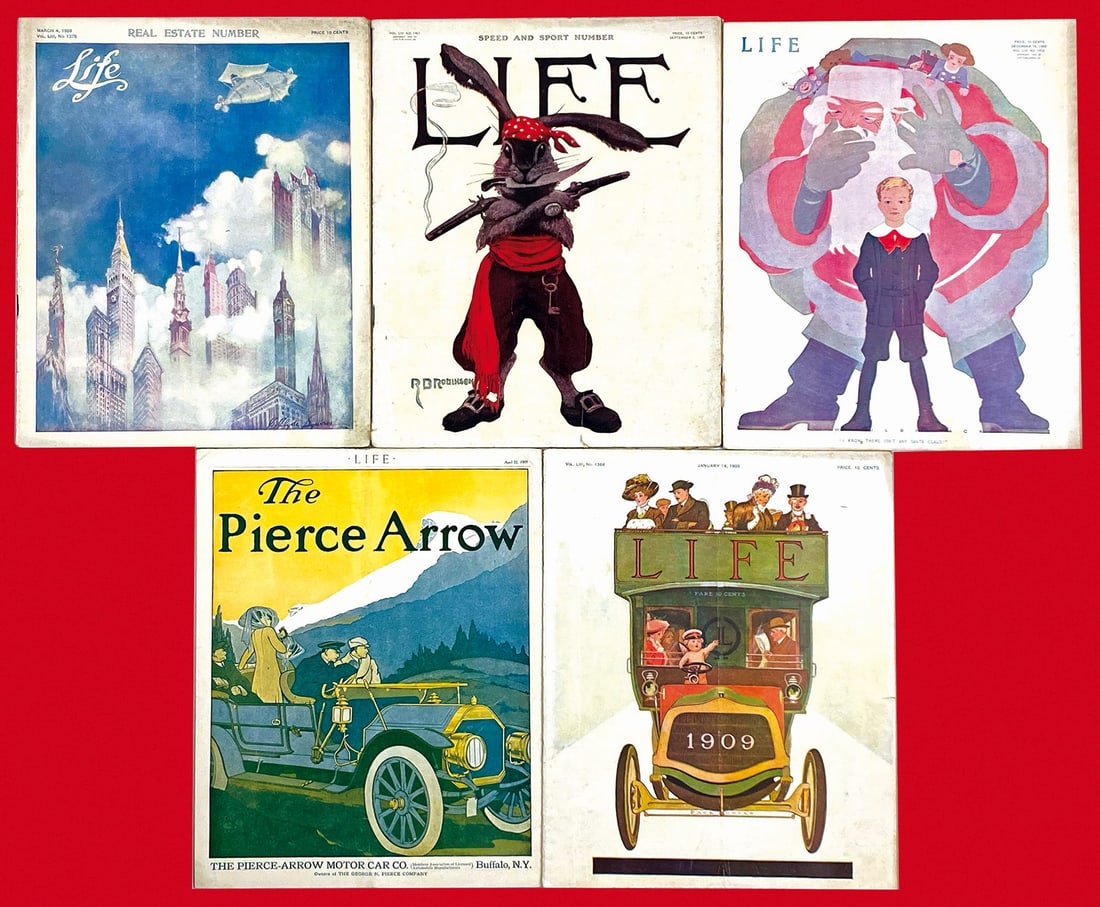 Life 1909: Rivista settimanale, Londra Life Publishing. Lotto composto da 15 fascicoli, spillati, cm 28x22,5. Con numerose illu­strazioni satiriche, anche a doppia pagina. Copertine di C. Coles Philips, Brandon