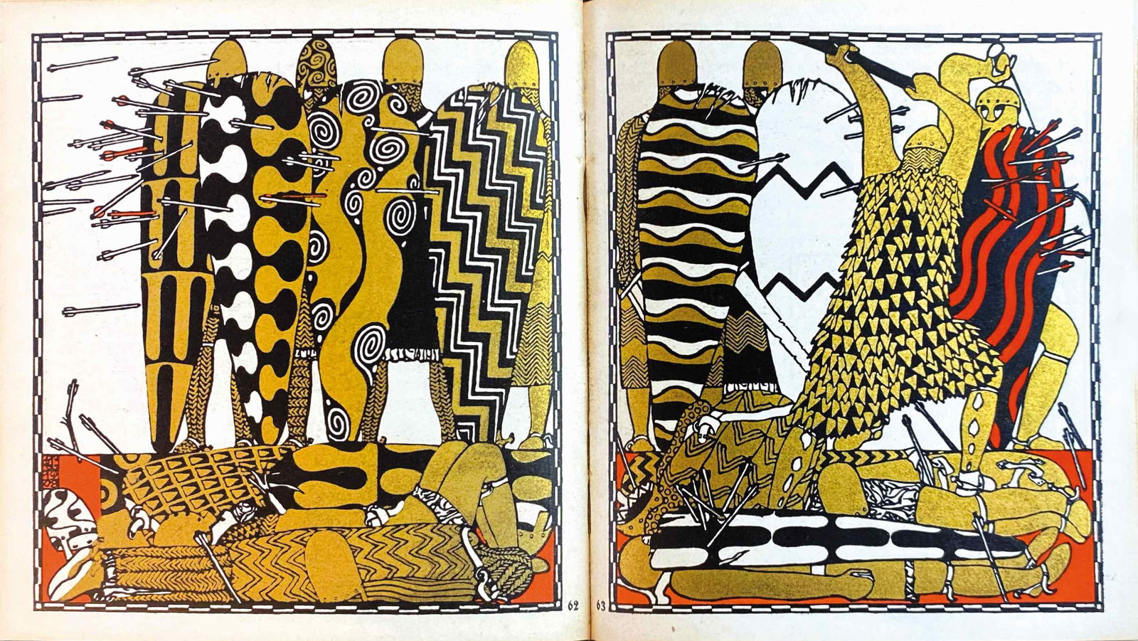 C. OTTO CZESCHKA - Die Nibelungen: Gerlach & Wiedling, Leipzig, 1920, seconda edizione. Le­gatura mezza tela editoriale, cm 15x14. Sguardie figurate, con 8 illustrazioni in b/n e 8 doppie tavole affrontate, rial­zate con ori a caldo.