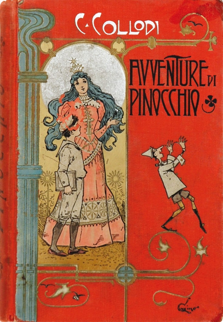 Le Avventure di Pinocchio: CARLO COLLODI; CARLO CHIOSTRI - Le Avventure di Pinocchio. Bemporad, nuova edizione, quin­dicesimo migliaio, 1901. Prima edizione illustrata da Chiostri. Legatura tutta tela editoriale, cm 18,7x12,5.