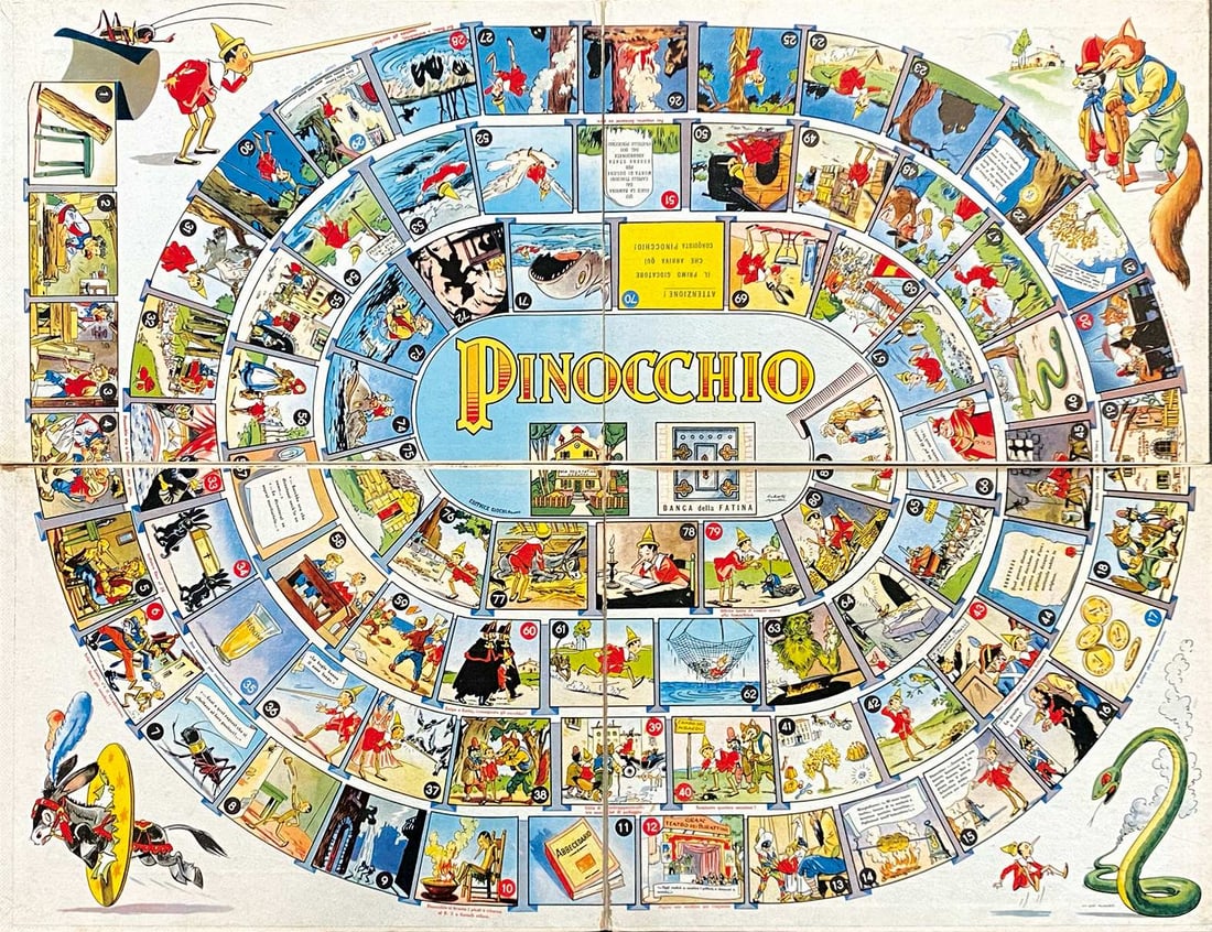Le Avventure di Pinocchio Gioco di percorso: ROBERTO SGRILLI - Le Avventure di Pinocchio Gioco di percorso. Editrice Giochi, primi anni '30. Confezione figurata, cm 31,5x41,5. Completa di plan­cia in cartone forte, cm 60x80. Sette se­gnalini i
