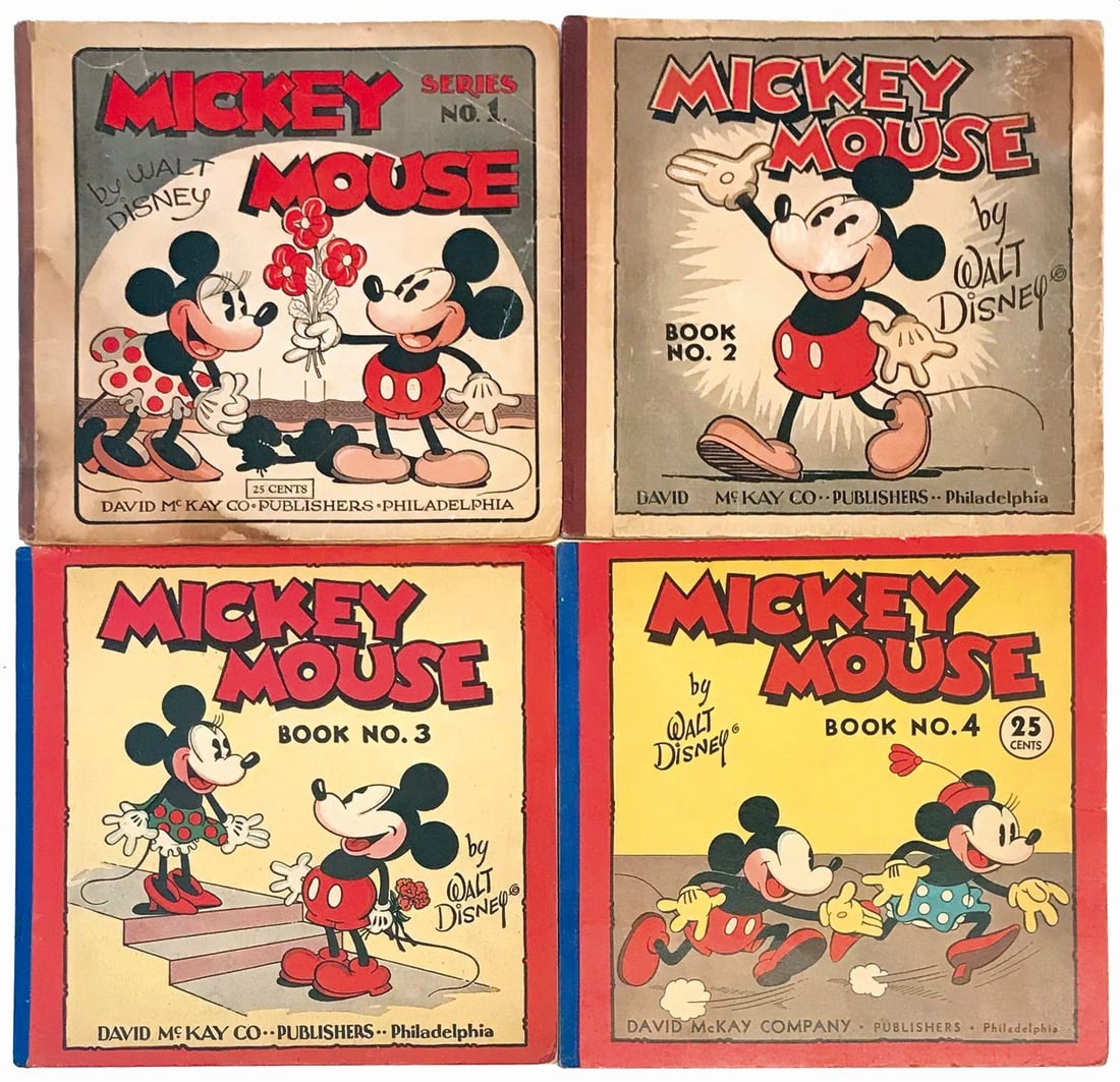 Mickey Mouse Series 1 a 4: David McKay Co. Philadelphia 1931/1934. Prima edizione. Serie completa di 4 volumi: i primi due in b/n i seguenti a colori. Brossura editoriale cartoncino dorso telato; cm 25x25,5; pp 48. Pubblicati a