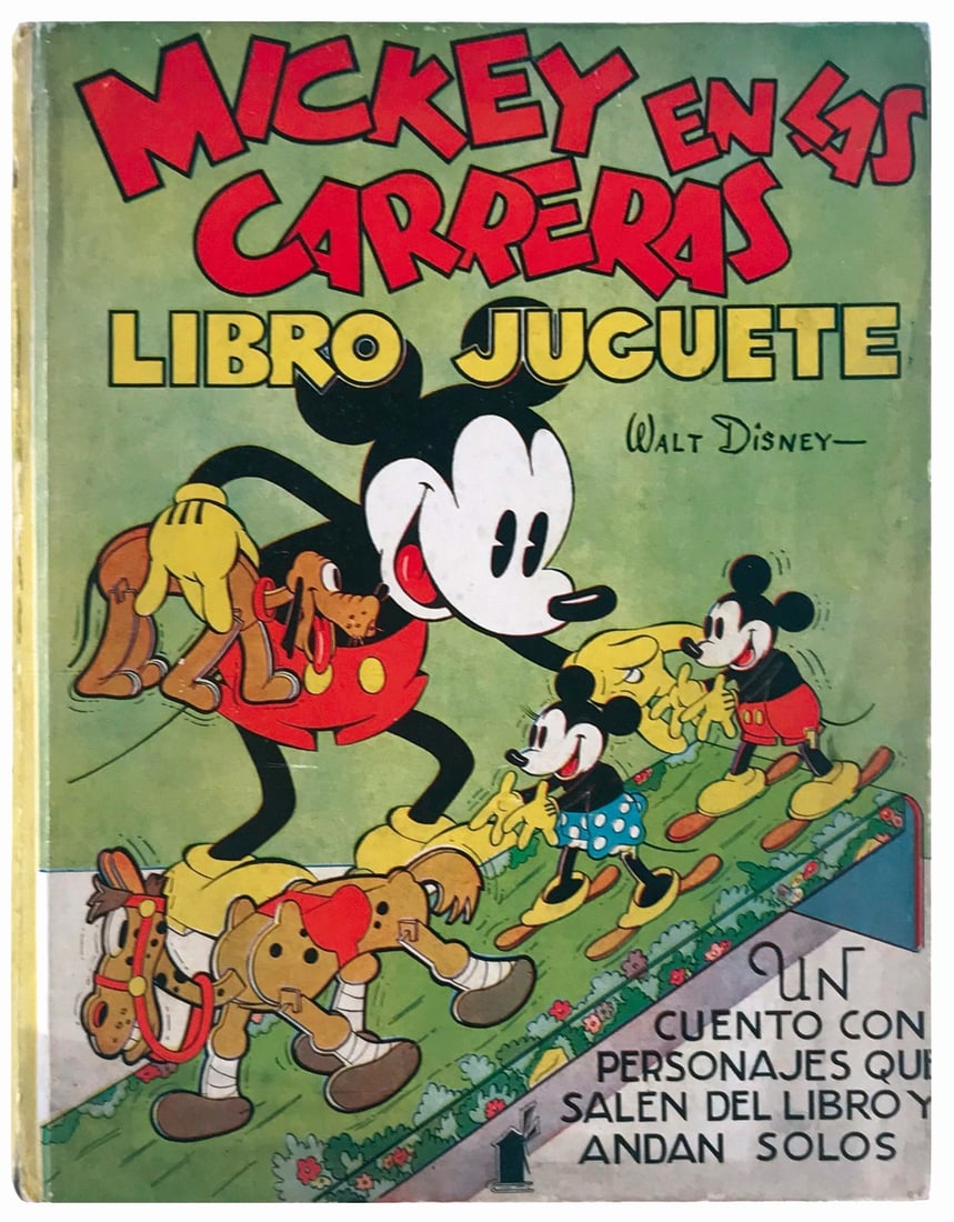 Mickey En Las Carreras Libro Juguete: Editoriale Molino Barcellona, dicembre 1935. Seconda edizione. Cartonato, cm 26,5x20. Sguardie figurate a colori. Pp 24 con racconto figurato a mezza tinta e colori, IV istruzioni di montaggio. Il lib